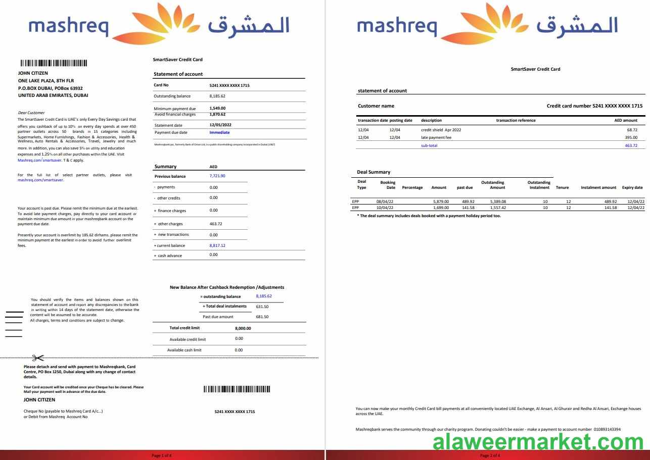 UAE Mashreq bank statement 4 pages